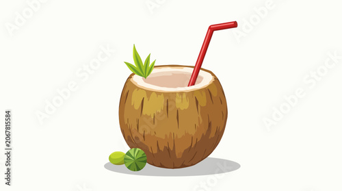 Fresh Brown Coconut Water Drink with Red Straw Vector Illustration