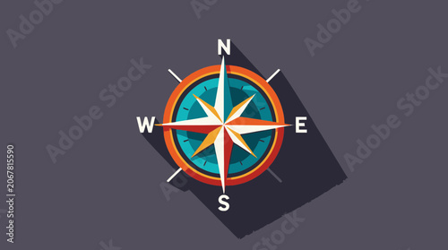 Nautical Compass Rose Vector Illustration with Shadow on Dark Background