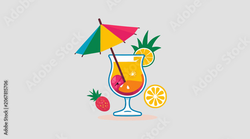 Tropical Summer Cocktail Drink with Umbrella and Slice of Orange Vector