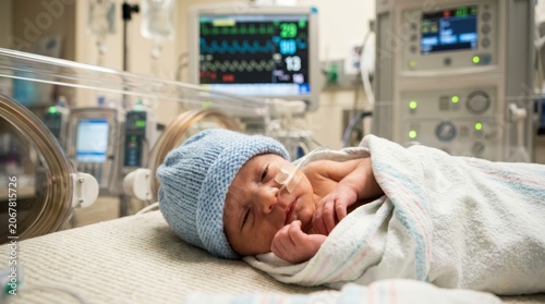 Close-up of a premature newborn baby with a feeding tube in the Neonatal Intensive Care Unit (NICU).
