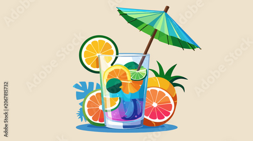 Tropical Summer Cocktail with Umbrella and Citrus Fruit Slices Vector Illustration