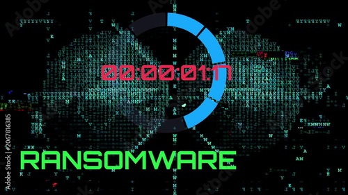Ransomware attack countdown with glitching data background