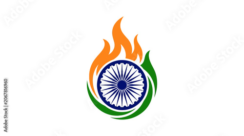 Indian flag emblem featuring a stylized Ashoka Chakra surrounded by tricolor flames.