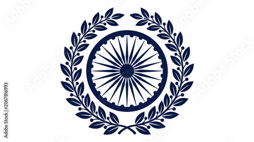 A dark blue Ashoka Chakra emblem surrounded by a circular laurel wreath design.