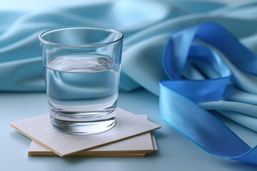 Clear water glass on blank note cards with blue ribbon and fabric for mental health awareness