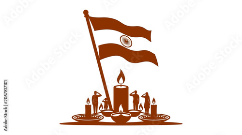 Indian national flag flying above soldiers saluting with lit candles and oil lamps.