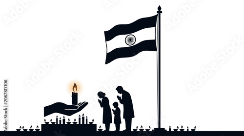 A silhouette illustration of a family paying tribute to the Indian national flag with candles.