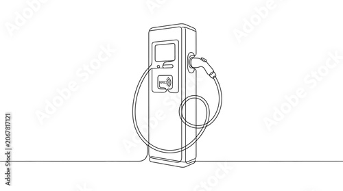 Continuous line drawing of an electric vehicle charging station.