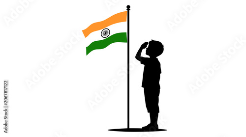 Silhouette of a young boy saluting the Indian national flag.