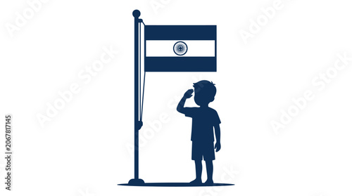 Silhouette of a young boy saluting the national flag of El Salvador.