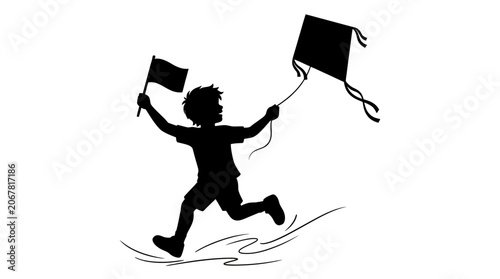 A silhouette of a young child running joyfully while holding a kite and a small flag.