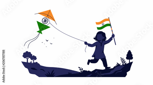 A silhouette of a young child running while flying a kite and holding an Indian flag.