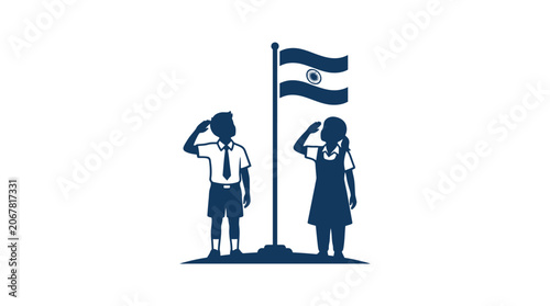 Silhouette illustration of school children saluting the Indian national flag.