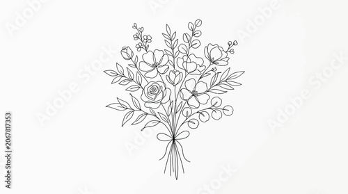 Elegant hand drawn floral bouquet illustration with delicate line art style.