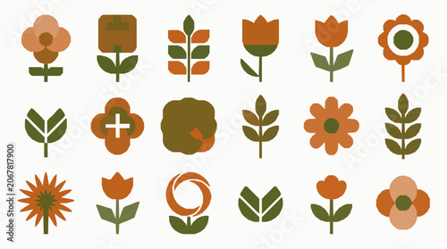 фотографія Retro geometric flower app icons set with 15 mid-century two-tone floral symbols