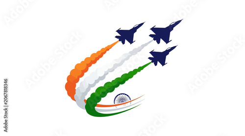 Three fighter jets flying in formation leaving tricolor smoke trails representing the Indian flag.