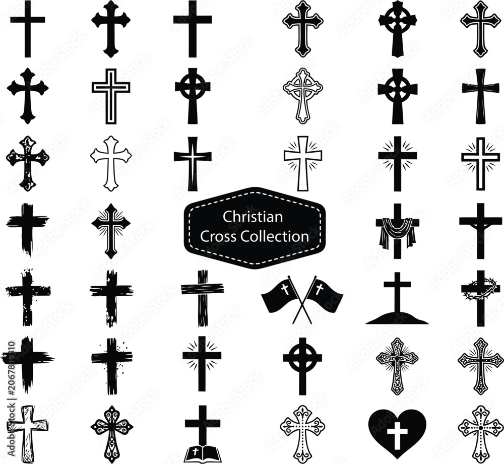Fototapeta premium Christian Cross Icon Set Featuring Sacred Faith and Worship Symbols