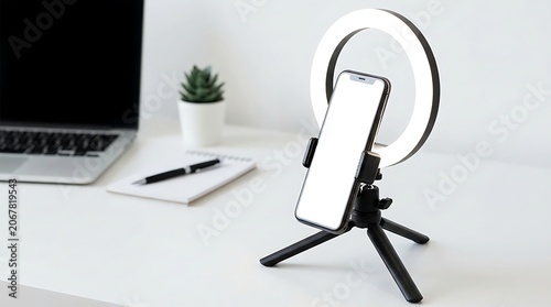 Smartphone Mounted on LED Ring Light Tripod Stand for Content Creation vlogging