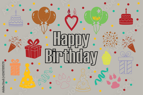 Happy birthday balloons, gifts, cakes, candles, festival elements retro doodle image design.