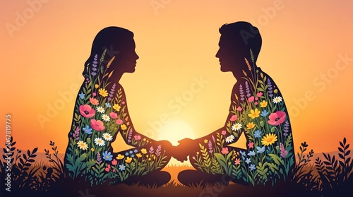 Couple silhouette with wild flowers inside sitting at sunset concept