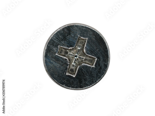 Fotografía Dark metallic phillips screw head top view, industrial hardware element