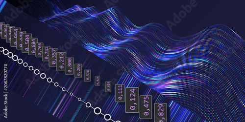 Abstract background color point flow data wavy infographic with light and blurred lines on dark. Technology concept virtual data. Big Data. Banner for business, science and technology data analytics.