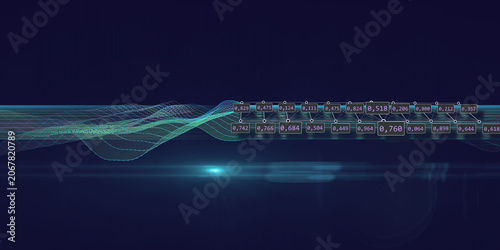 Abstract futuristic wavy infographics grid 3D with big data visualization on blue. Visual analyzing informational. Infographic for technology, network or business analytics.