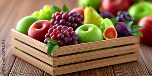 Wooden crate overflowing with fresh organic fruit harvest