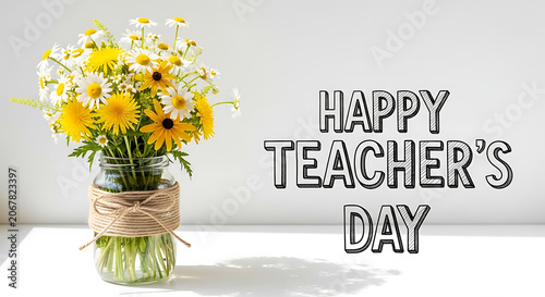 Yellow and white daisy bouquet in jar with Happy Teacher's Day text