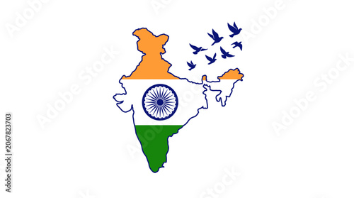 Map of India filled with the national flag colors and flying birds.