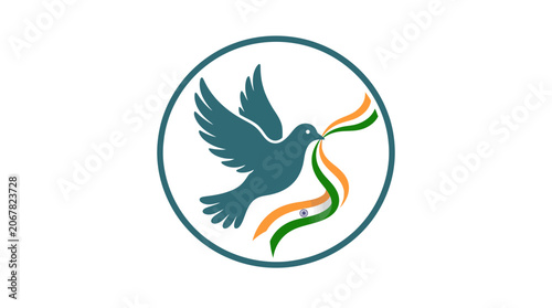 A stylized dove carrying a tricolor ribbon inside a circular frame.