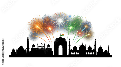 Silhouette of iconic Delhi landmarks with vibrant fireworks display.