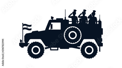 Silhouette of a military jeep carrying soldiers saluting with an Indian flag.