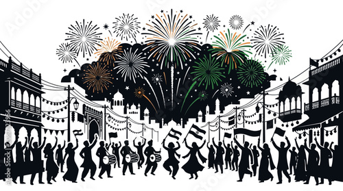 Silhouetted crowd celebrating with flags and music under fireworks.
