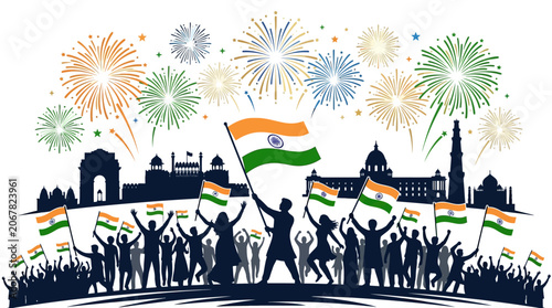 Crowd of people celebrating Indian Independence Day with national flags.