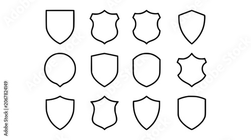 Heraldic shield line icons set with simple medieval outline shapes classic protection security symbols and minimalist safety labels vector