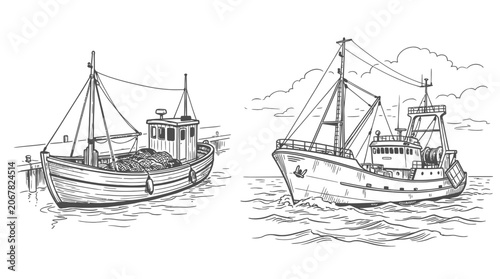 Photos Fishing Boats Hand Drawn Sketch Vector Illustration