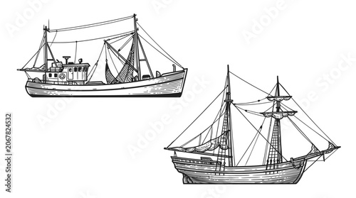 Photos Vintage Sailing Ship and Fishing Trawler Sketch