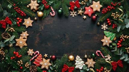 Festive Christmas border with gingerbread cookies and pine branches on dark wood
