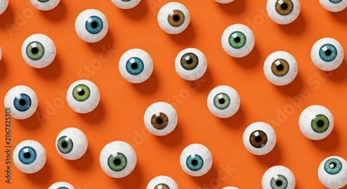 Pattern of realistic eyeballs with various iris colors on an orange background
