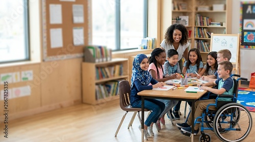 Diverse group of elementary school students learning together with their teacher in an inclusive classroom environment