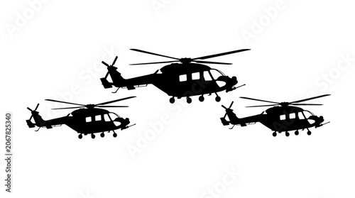 Three black helicopter silhouettes flying in formation against a plain white background.