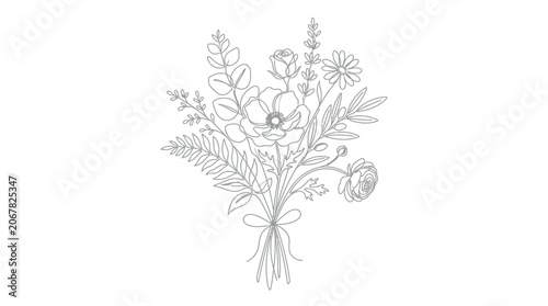 Elegant hand drawn floral bouquet illustration with delicate botanical elements.