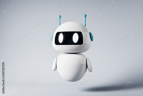 Adorable futuristic white robot assistant with glowing eyes floating on light background in clean modern technology style. 3D Rendering