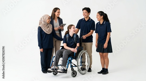 Diverse group of students and teacher in a classroom setting, including a student in a wheelchair