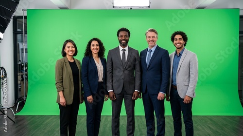 Diverse Professional Business Team Standing Together in Front of a Green Screen Studio Backdrop for Corporate Photography Session