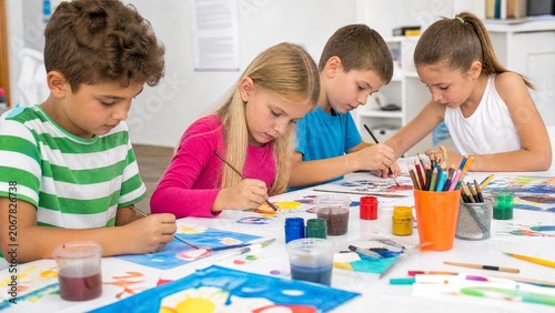 Creative Diverse Group of Children Painting with Watercolors in Art Class