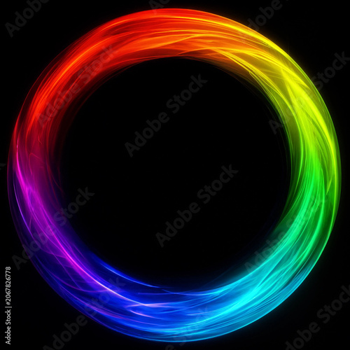 Vibrant rainbow colored energy ring abstract design flowing in a circle against a dark background