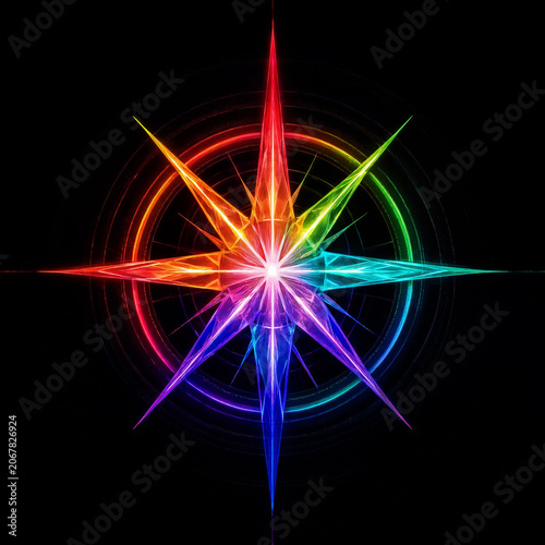 A vibrant fractal compass rose design with glowing rainbowcolored sharp points on a black background