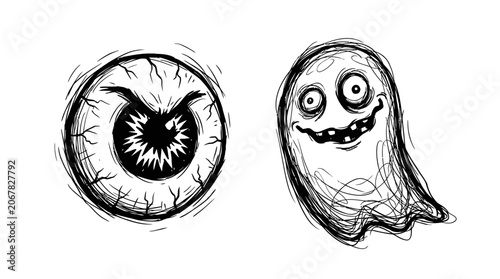 Quadro em tela Scary Cartoon Eye and Ghost Drawing - Halloween Spooky Fun
